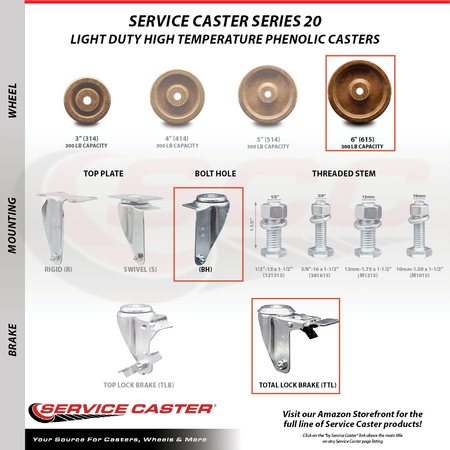 Service Caster 6 Inch High Temp Phenolic Wheel Bolt Hole Caster with Total Lock Brake SCC SCC-BHTTL20S615-PHRHT